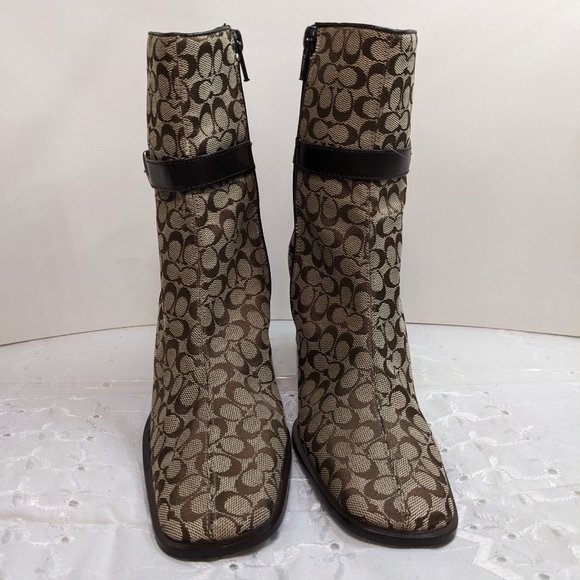 Coach Khaki & Brown Jacquard Signature Logo Bibi Mid Calf Boots - size 5.5M NWT